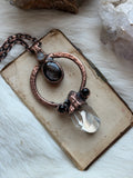 Clear Quartz, Hypersthene, Onyx, Moonstone Copper Necklace Pendant