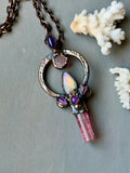 Pink Paprok Tournaline/ Pink Tournaline Silce/ Amethyst/ Purple Yellow Labradorite Copper Necklace