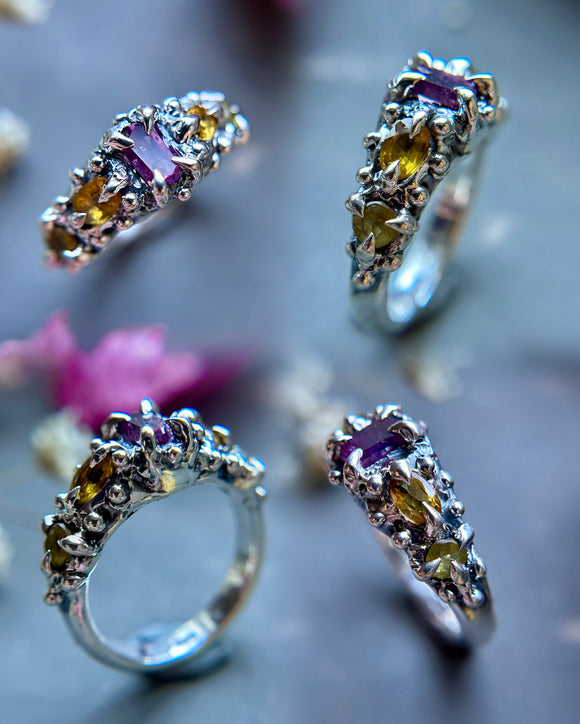 Pink & Yellow Sapphire Sterling Silver Ring Size 7