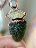 Moldavite/ Petroleum Quartz/ Herkimer Diamond/ Tourmaline Copper Necklace
