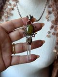 Green Beryl, green Tourmaline, UV reactive Herkimer Diamond, Clear Quartz Copper Necklace