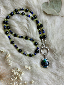 Black Matrix Opal/ Peridot/Lapis Lazuli/ Hypersthene Beaded Sterling Silver Necklace