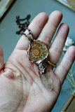 Ammonite Fossil/ Topaz/ Hypersthene/ Uv Reactive Petroleum Quartz Copper Necklace