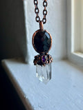 Rose Cut Onyx/ Amethyst/ Clear Quartz Point Copper Necklace