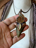 Mako Shark Tooth Fossil/ Ammonite Fossil/ Labradorite/ Black Tourmaline Copper Necklace