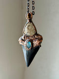 Mako Shark Tooth Fossil/ Fossil Coral/ Blue Labradorite/ Tigers Eye Copper Necklace