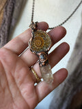 Ammonite Fossil/ Topaz/ Hypersthene/ Uv Reactive Petroleum Quartz Copper Necklace