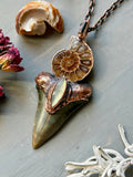 Mako Shark Tooth Fossil/ Ammonite Fossil/ Labradorite/ Black Tourmaline Copper Necklace