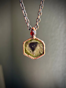 Green Madagascar Tourmaline Slice & Hessonite Garnet Copper Necklace
