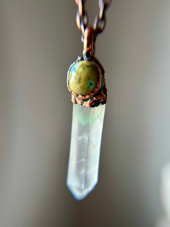 Green Phantom Quartz Point/ Tibetan Turquoise Copper Necklace