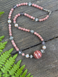 Rhodochrosite/ Herkimer Diamond/ Amethyst Beaded Sterling Silver Necklace