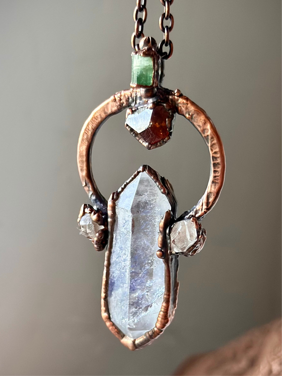 Rare Dumortierite/ Raw Hessonite Garnet/ Herkimer Diamond/ Tourmaline Copper Necklace