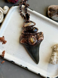 Mako Shark Tooth Fossil/ Brookite In Quartz/ Golden Rutile/ Raw Black Tourmaline/ Golden Susntone Copper Necklace pendant