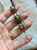 Green Beryl, green Tourmaline, UV reactive Herkimer Diamond, Clear Quartz Copper Necklace