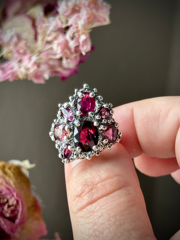 Red Garnet & Tourmaline Sterling Silver Ring Size 7