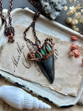 Mako Fossil Shark Tooth Necklace/ Green Paprok Tourmaline/ Garnet Copper Necklace