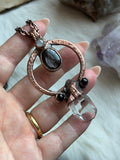 Clear Quartz, Hypersthene, Onyx, Moonstone Copper Necklace Pendant