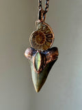 Mako Shark Tooth Fossil/ Ammonite Fossil/ Labradorite/ Black Tourmaline Copper Necklace