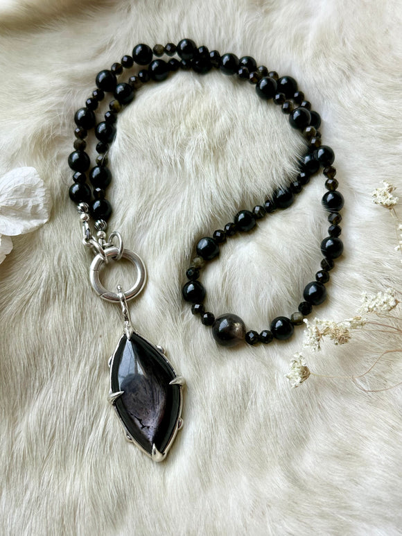 Hypersthene/Black Spinel/ Black Sunstone Beaded Sterling Silver Necklace