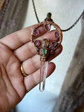 Clear Quartz/ Green Tourmaline/ Facted Citrine/ Faceted Ponk Tourmaline/ 5 Pink Tournaline Slice Copper Necklace