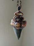 Mako Shark Tooth Fossil/ Brookite In Quartz/ Golden Rutile/ Raw Black Tourmaline/ Golden Susntone Copper Necklace pendant
