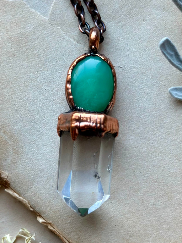 Chrysoprase/ Clear Quartz Point Copper Necklace