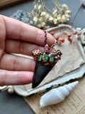 Mako Fossil Shark Tooth Necklace/ Green Paprok Tourmaline/ Garnet Copper Necklace