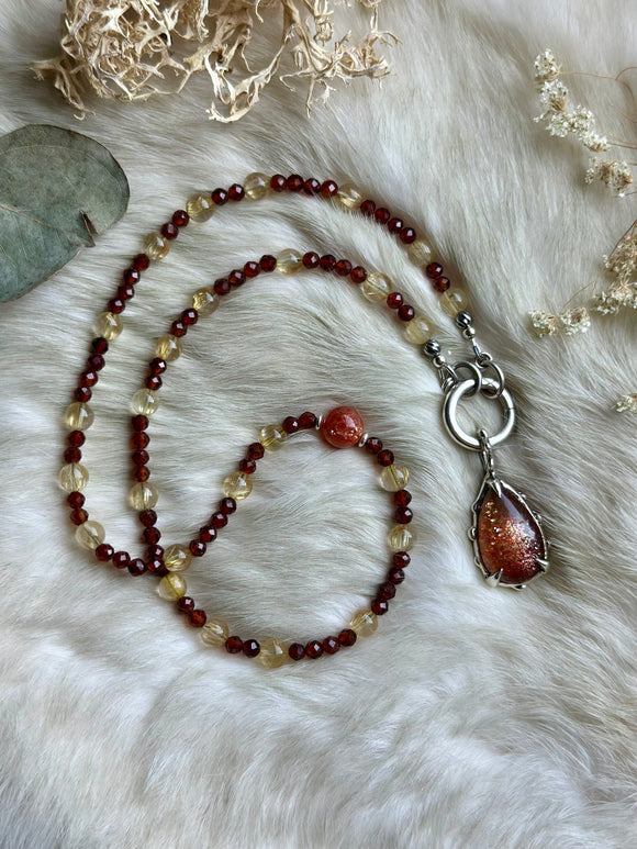 Sunstone/ Rutile/ Hessonite Garnet Sterling Silver Necklace