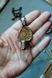 Ammonite Fossil/ Topaz/ Hypersthene/ Uv Reactive Petroleum Quartz Copper Necklace
