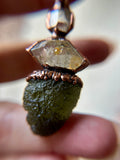 Moldavite/ Petroleum Quartz/ Herkimer Diamond/ Tourmaline Copper Necklace