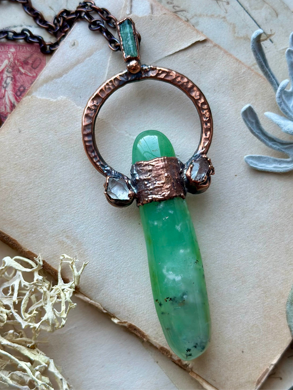 Chrysoprase/ Herkimer Diamond/ Green Tourmaline Copper Necklace