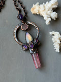 Pink Paprok Tournaline/ Pink Tournaline Silce/ Amethyst/ Purple Yellow Labradorite Copper Necklace
