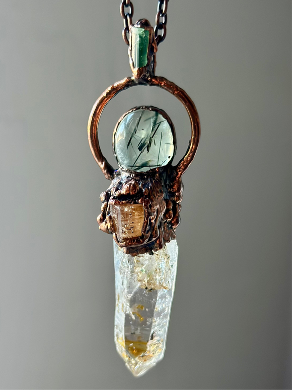 Uv Reactive Petroleum Quartz/ Imperial Topaz/ Prehinite/ Green Tourmaline Copper Necklace