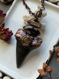 Mako Shark Tooth Fossil/ Brookite In Quartz/ Golden Rutile/ Raw Black Tourmaline/ Golden Susntone Copper Necklace pendant