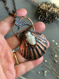 Pearl/ Aura Crescent Moon/ Sea Shell Copper Necklace