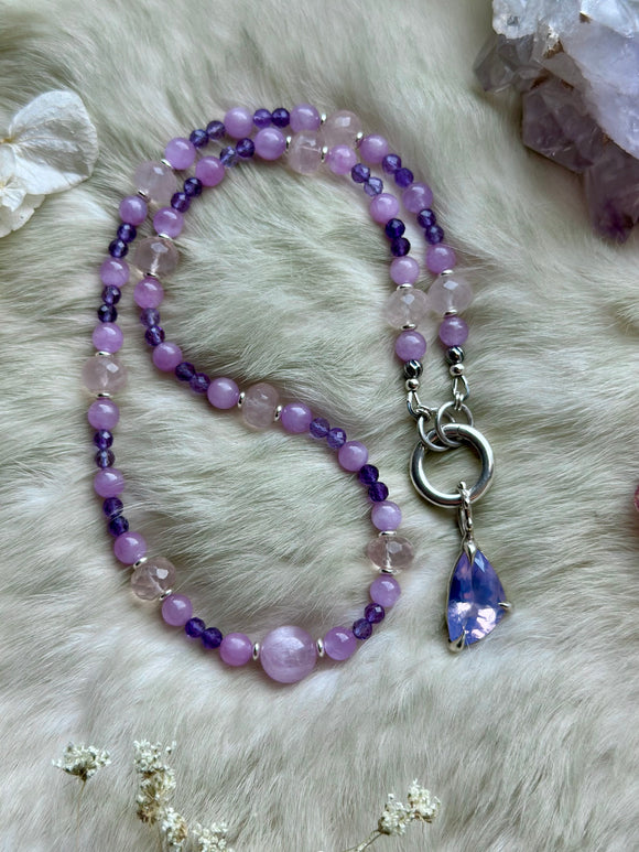Lavender Quartz/ Kunzite/ Amethyst/ Rose Quartz Beaded Sterling Silver Necklace