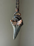 Mako Shark Tooth Fossil/ Brookite In Quartz/ Golden Rutile/ Raw Black Tourmaline/ Golden Susntone Copper Necklace pendant