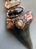 Mako Shark Tooth Fossil/ Brookite In Quartz/ Golden Rutile/ Raw Black Tourmaline/ Golden Susntone Copper Necklace pendant