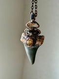 Mako Shark Tooth Fossil/ Brookite In Quartz/ Golden Rutile/ Raw Black Tourmaline/ Golden Susntone Copper Necklace pendant