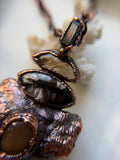 Mako Shark Tooth Fossil/ Brookite In Quartz/ Golden Rutile/ Raw Black Tourmaline/ Golden Susntone Copper Necklace pendant