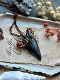 Mako Fossil Shark Tooth Necklace/ Green Paprok Tourmaline/ Garnet Copper Necklace