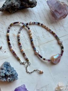 Faceted Spinel & Baroque Fresh Water Pearl Sterling Silver Beaded Necklace