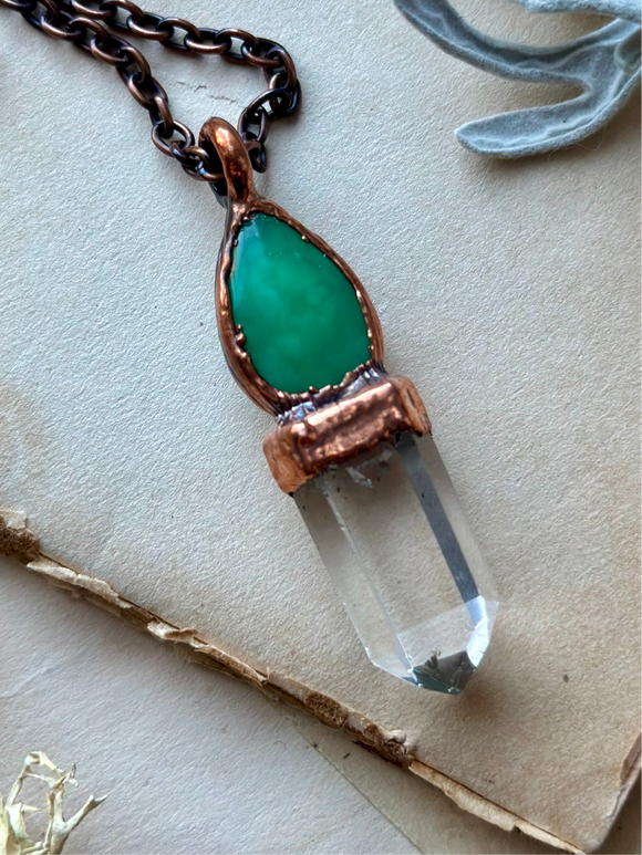 Chrysoprase/ Clear Quartz Point Copper Necklace