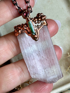 Raw Kunzite With Pink Tourmaline & Raw Tourmaline Copper Necklace