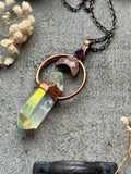 Double Terminated Angel Aura/ Amethys/ Peach Moonstone Moon/ Copper Necklace