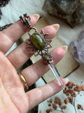 Green Beryl, green Tourmaline, UV reactive Herkimer Diamond, Clear Quartz Copper Necklace