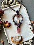 Pink Paprok Tournaline/ Pink Tournaline Silce/ Amethyst/ Purple Yellow Labradorite Copper Necklace