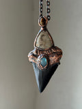 Mako Shark Tooth Fossil/ Fossil Coral/ Blue Labradorite/ Tigers Eye Copper Necklace