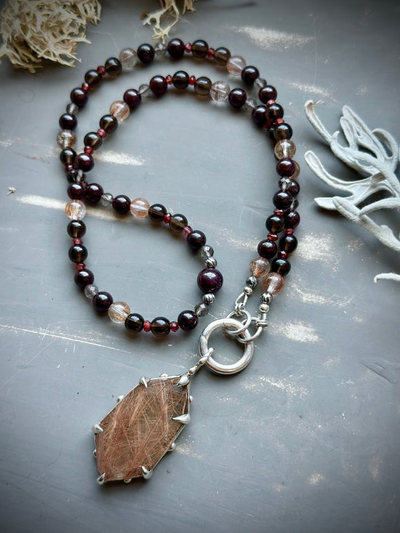Rutile/ Garnet/ Smokey Quartz Beaded Sterling Silver Necklace