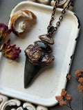 Mako Shark Tooth Fossil/ Brookite In Quartz/ Golden Rutile/ Raw Black Tourmaline/ Golden Susntone Copper Necklace pendant